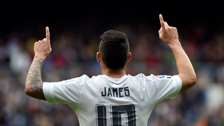 Real Madrid's Colombian midfielder James Rodriguez celebrates after scoring during the Spanish league football match Real Madrid CF vs Athletic Club Bilbao