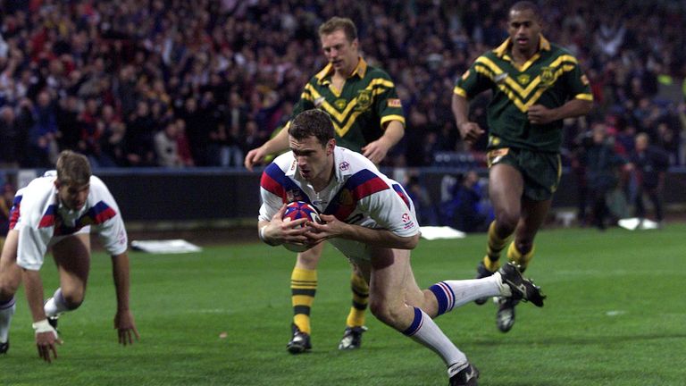 Jamie Peacock of Great Britain scores the first try during the Great Britain v Australia Guinness First Test match in 2001