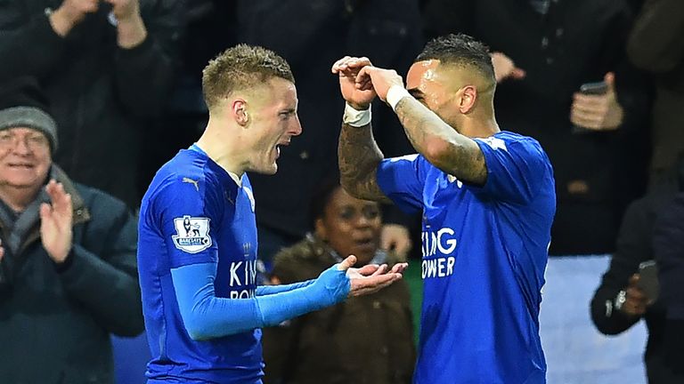 Leicester City striker Jamie Vardy celebrates with Danny Simpson after scoring the opening goal 