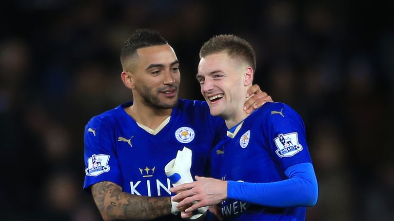 Leicester City's Jamie Vardy (right) and Danny Simpson celebrate victory after the final whistle 