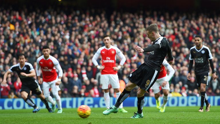 Jamie Vardy of Leicester City scores the opening goal from the penalty spot during the Barclays Premier League match against Arsenal
