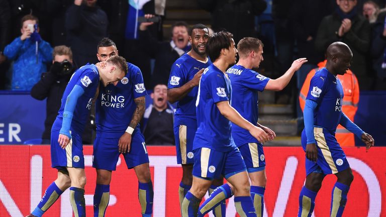 Jamie Vardy celebrates scoring Leicester's first goal with his team mates