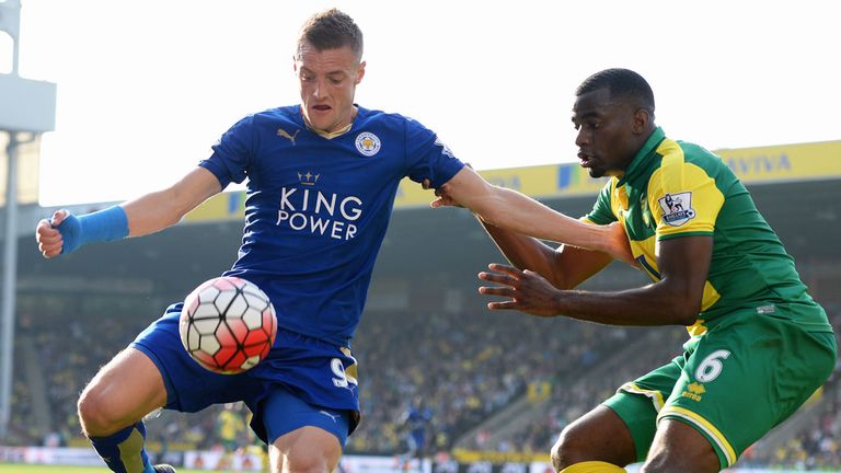 Jamie Vardy shields the ball from Sebastien Bassong of Norwich in Leicester's 2-1 win in October