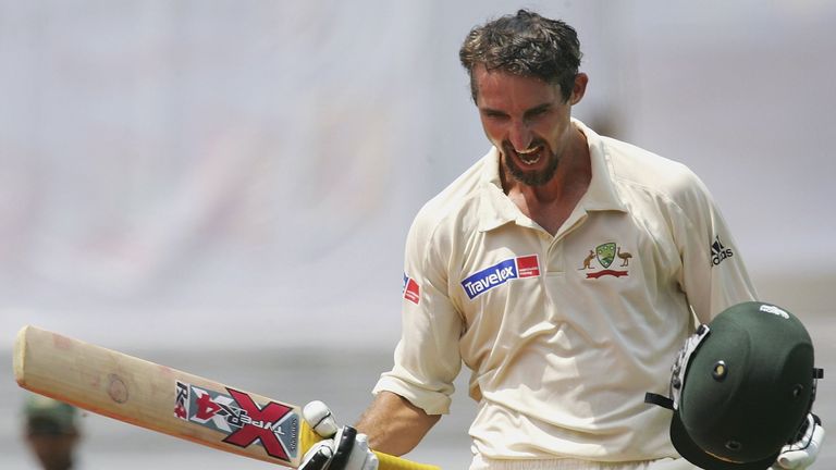 CHITTAGONG, BANGLADESH - APRIL 19:  Jason Gillespie of Australia celebrates his double century during day four of the Second Test between Bangladesh and Au