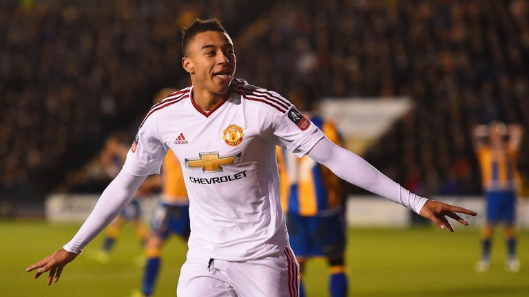 SHREWSBURY, ENGLAND - FEBRUARY 22:  Jesse Lingard of Manchester United celebrates as he scores their third goal during the Emirates FA Cup fifth round matc
