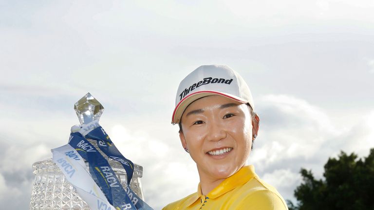 Jiyai Shin celebrates with the trophy after winning the RACV Ladies Masters