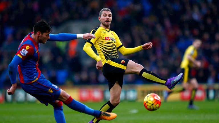 Joel Ward of Crystal Palace and Valon Berami of Watford compete for the ball