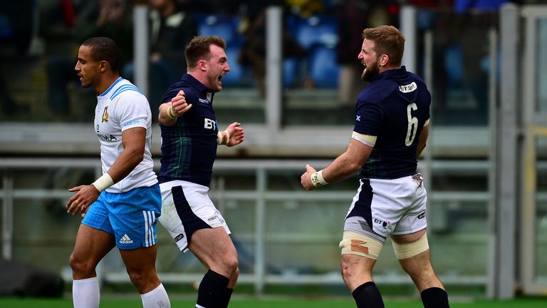 John Barclay (right) celebrates with Stuart Hogg after scoring Scotland's first try