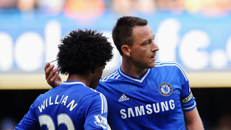 LONDON, ENGLAND - MAY 04:  John Terry and Willian of Chelsea react during the Barclays Premier League match between Chelsea and Norwich City at Stamford Br