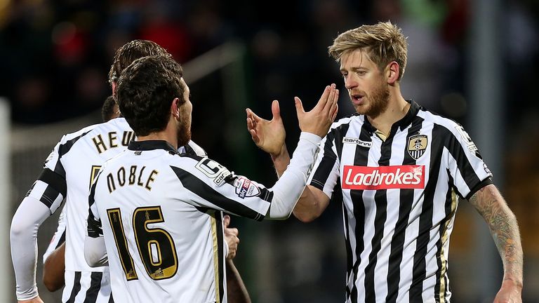  Jon Stead of Notts County is congratulated by team mate Liam Noble