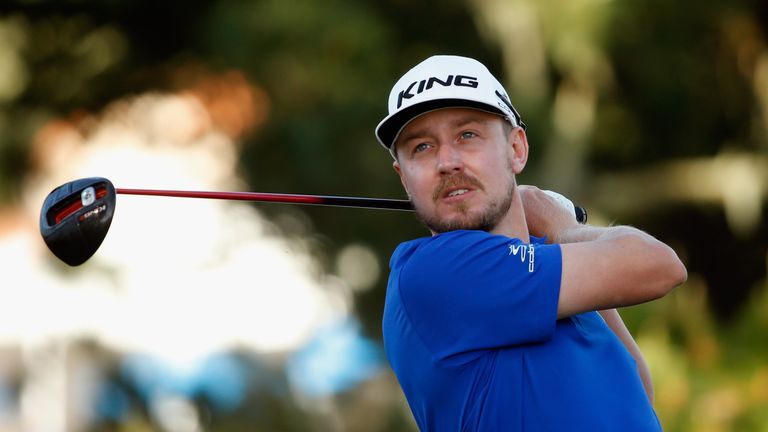 Jonas Blixt of Sweden plays his tee shot on the second hole during the final round of the AT&T Pebble Beach National Pro-Am