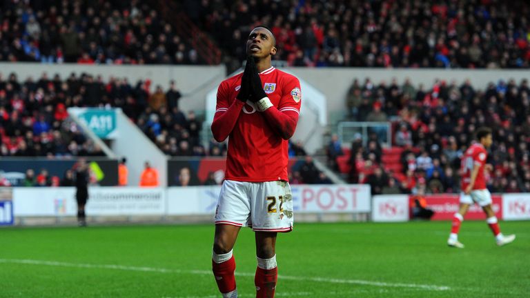 BRISTOL, ENGLAND - JANUARY 30:  Jonathan Kodjia of Bristol City shows a look of dejection during the Sky Bet Championship match between Bristol City and Bi