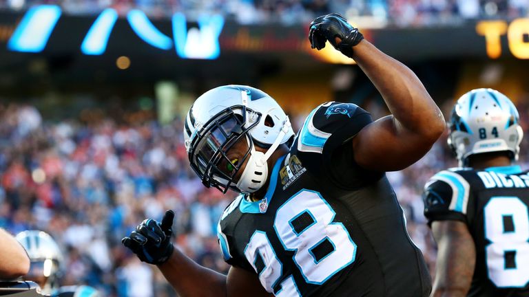 Jonathan Stewart #28 of the Carolina Panthers reacts after scoring  a touchdown