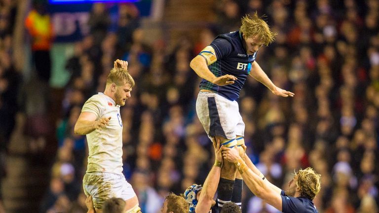 Jonny Gray (top, right) in action for Scotland against England