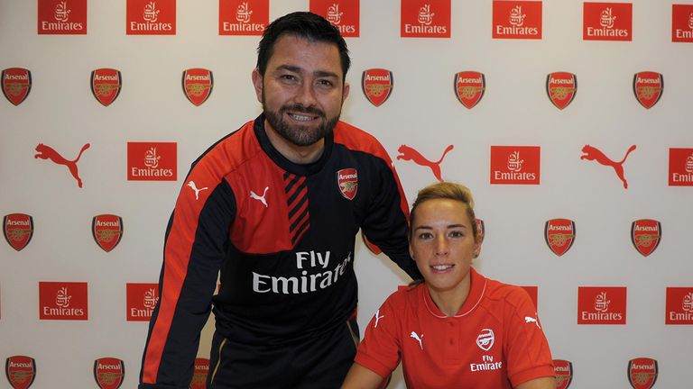 Jordan Nobbs flanked by Pedro Martinez Losa as she signs new Arsenal deal