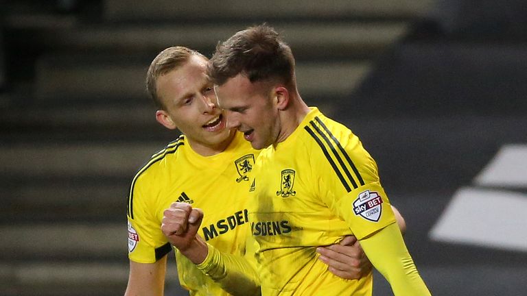 Middlesbrough's Jordan Rhodes (right) celebrates scoring his side's first goal of the game with teammate Ritchie De Laet
