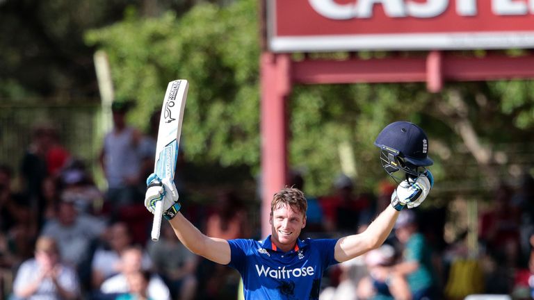 Jos Buttler celebrates after scoring a century (100 runs) during the first One Day International (ODI) cricket match between England and South Africa