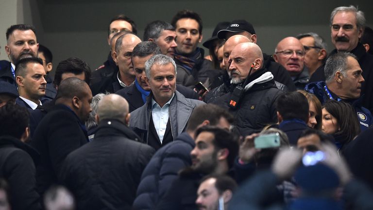 Jose Mourinho (C) attends during the Serie A match between Inter Milan and Sampdoria