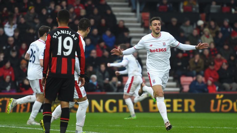 Joselu of Stoke City celebrates scoring his team's third goal  