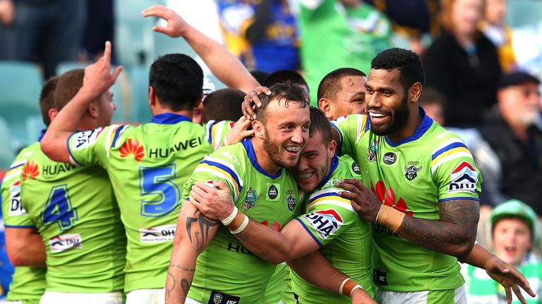 Josh Hodgson (centre) has impressed for the Canberra Raiders since moving to Australia