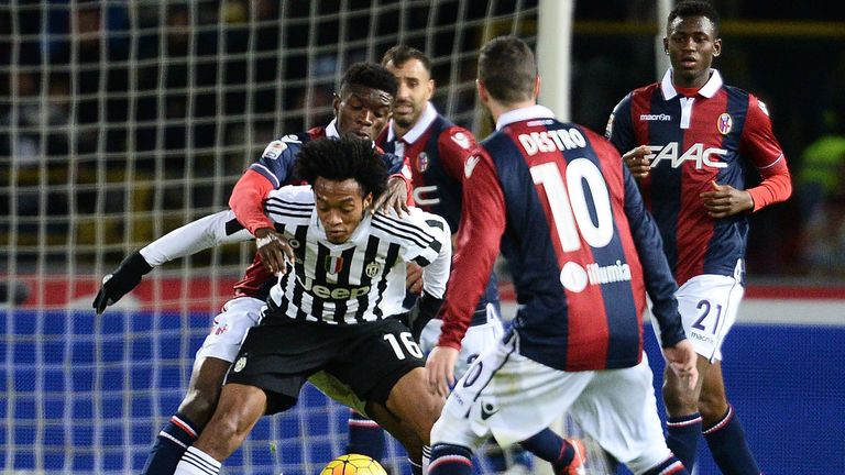 Juan Cuadrado in action during the Serie A match between Bologna and Juventus