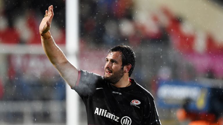 Juan Figallo of Saracens waves to the crowd after the European Champions Cup Pool 1 rugby game at Kingspan Stadium