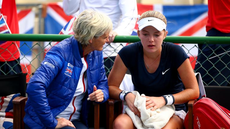 Captain Judy Murray with 16-year-old Katie Swan during Great Britain's tie with Belgium