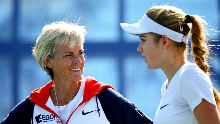 Captain Judy Murray (L) talks with Katie Swan ahead of the Fed Cup matches in Eilat
