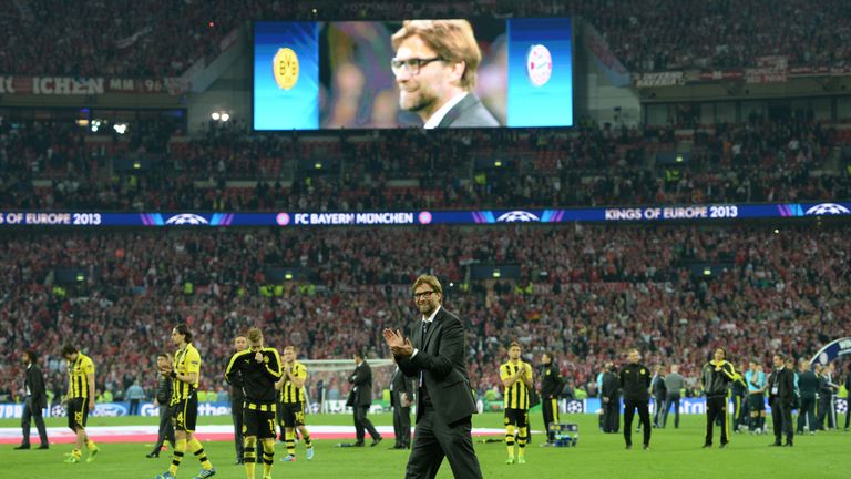 Borussia Dortmund's head coach Jurgen Klopp acknowledges the crowd after his team lost the 2013 Champions League final against Bayern Munich at Wembley.
