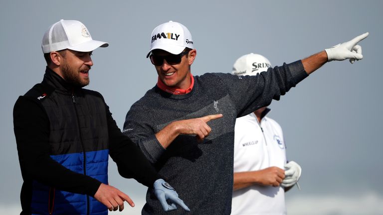 Justin Rose jokes with celebrity partner Justin Timberlake during the second round of the AT&T Pebble Beach National Pro-Am