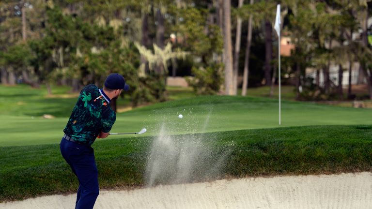  Justin Timberlake plays a shot from the bunker on the 17th hole during the first round of the AT&T Pebble Beach National Pro-Am 