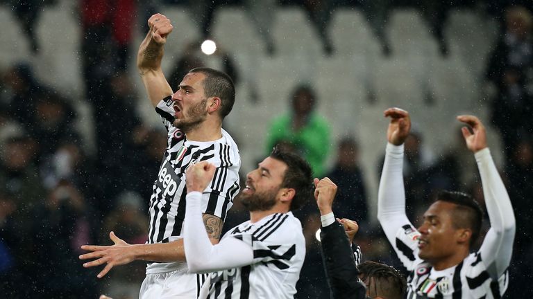 Juventus' players celebrate at the end of the win over Inter Milan