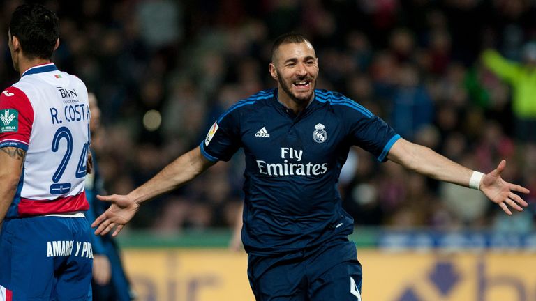 Real Madrid forward Karim Benzema celebrates 