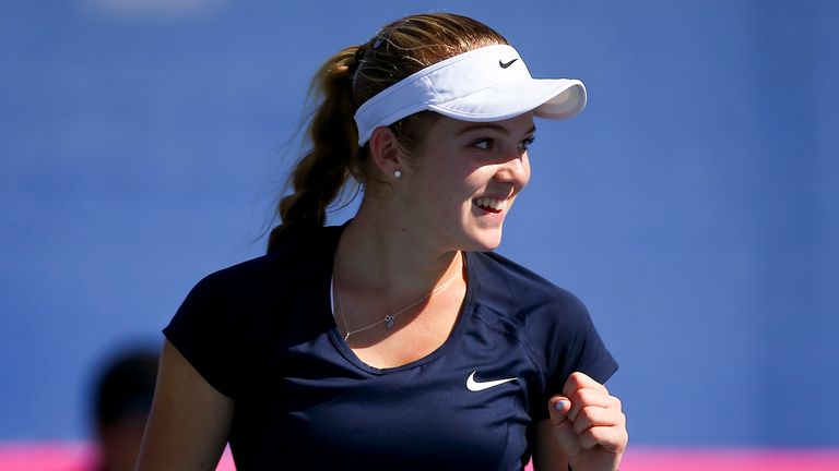 Katie Swan of Great Britain celebrates winning her match against Ilze Hattingh of South Africa during the sides' Fed Cup tie in Eilat