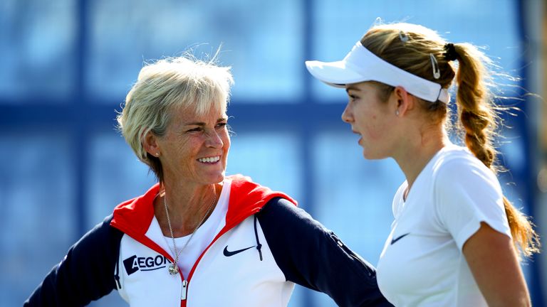 Captain Judy Murray (L) talks with Katie Swan of Great Britain (R) during a Fed Cup practice session 