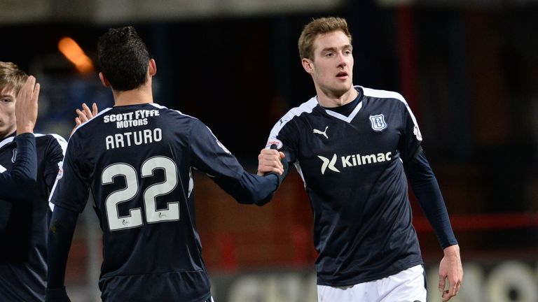 Dundee's Kevin Holt (right) celebrates having scored against Dumbarton