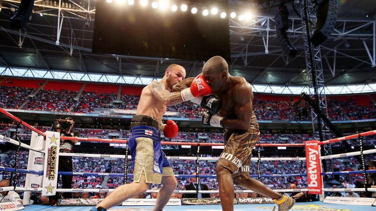 Kevin Mitchell celebrates defeating Ghislain Maduma in their Lightweight  bout at Wembley Stadium, London Stock Photo - Alamy