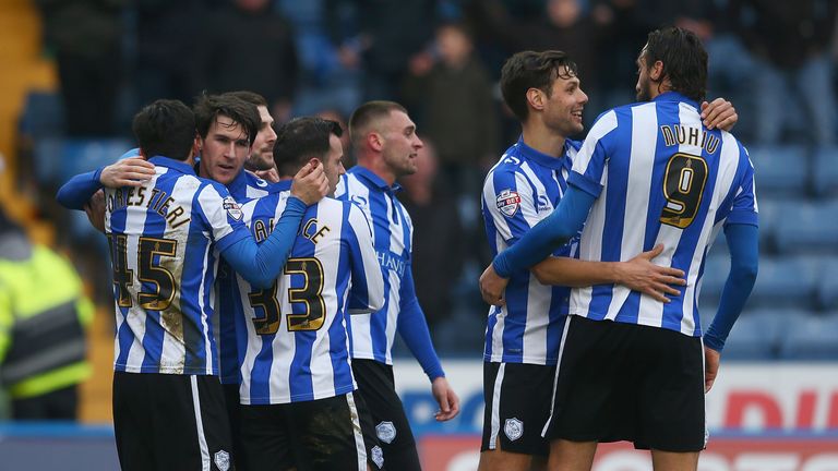  Kieran Lee of Sheffield Wednesday is congratulated on his goal  