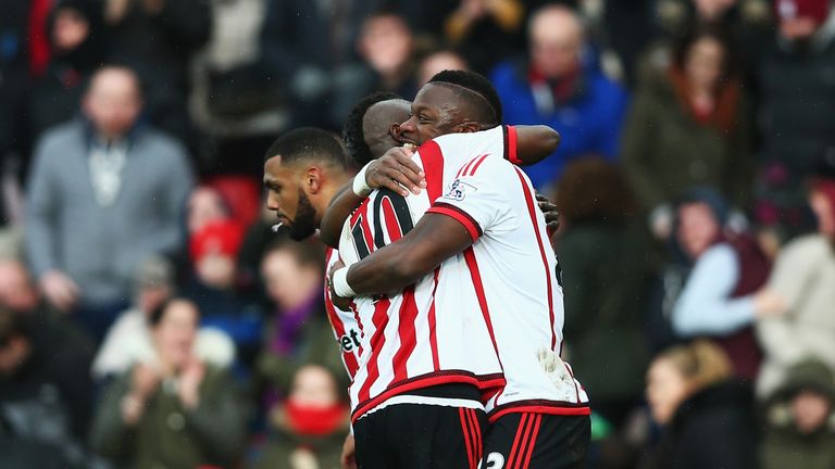 Lamine Kone (R) of Sunderland celebrates his team's second goa