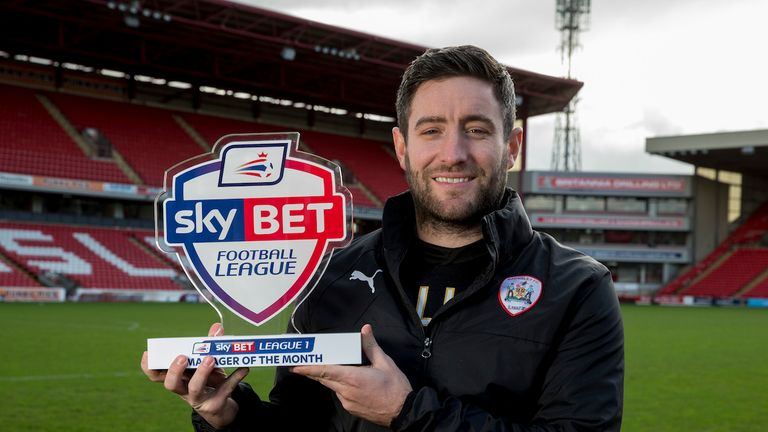 Barnsley Manager Lee Johnson with his Sky Bet League One Manager of Month Award for January.