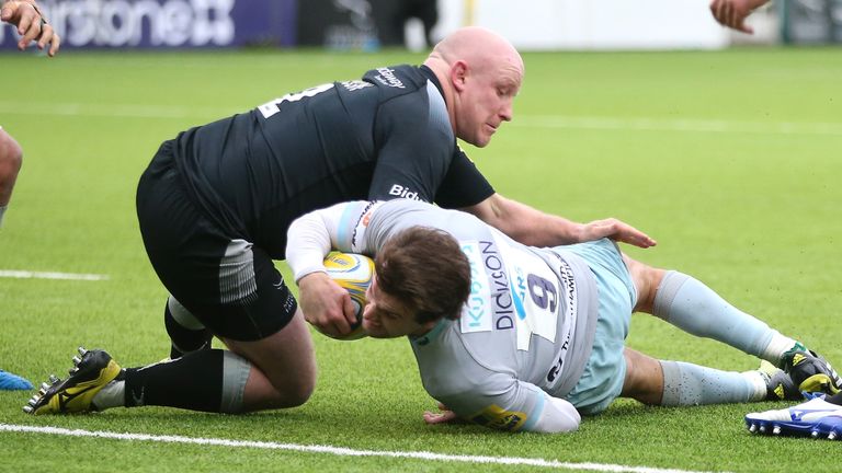 Northampton's Lee Dickson dives over for a try, despite the attention of Scott Lawson