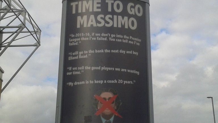The poster protesting at Leeds owner Massimo Cellino appeared on Thursday