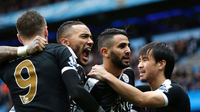 Leicester celebrate scoring against Man City