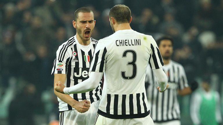 TURIN, ITALY - JANUARY 24:  Leonardo Bonucci and Giorgio Chiellini of Juventus FC celebrate a victory at the end of the Serie A match between Juventus FC a