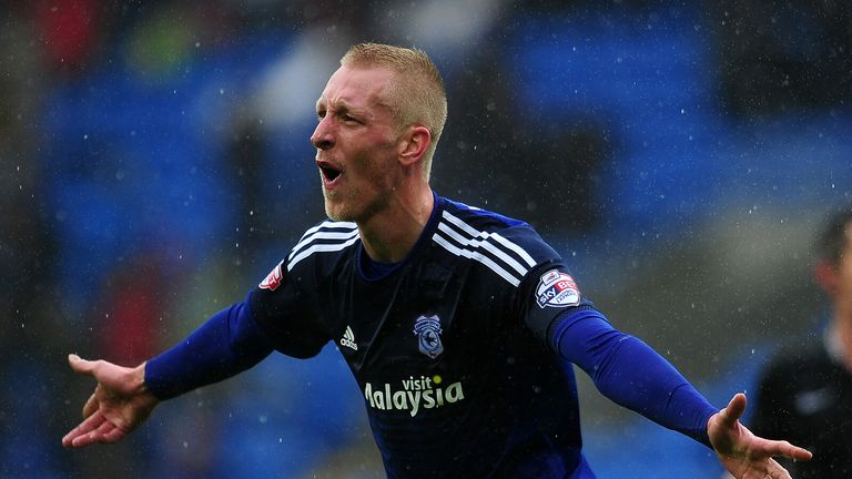 Lew Immers of Cardiff City celebrates his side's third goal during the Sky Bet Championship match between Cardiff and Brighton