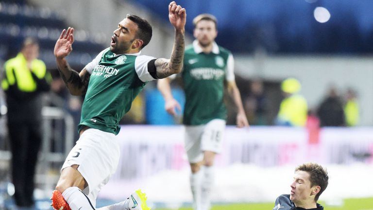 Hibernian defender Liam Fontaine is challenge during a game at Falkirk