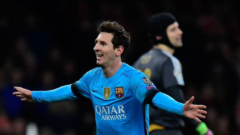 Barcelona's Argentinian forward Lionel Messi celebrates scoring his team's second goal from the penalty spot during the UEFA Champions League round of 16