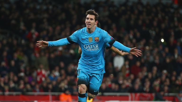 Lionel Messi of Barcelona celebrates after scoring his second goal