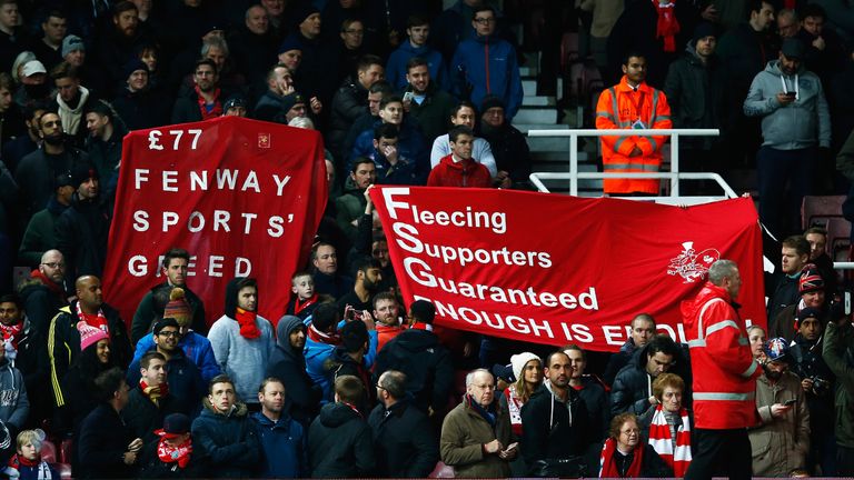 Liverpool fans protest against high ticket prices during the Emirates FA Cup Fourth Round Replay match between West Ham United