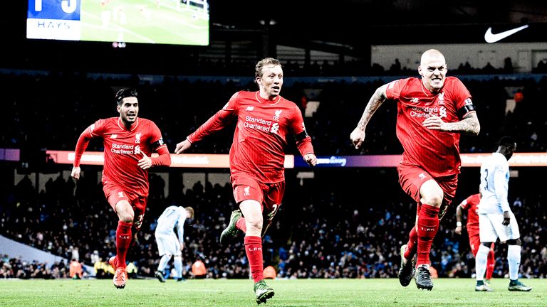 Liverpool's Martin Skrtel celebrates after scoring their fourth goal of the Premier League match against Manchester City in November 2015